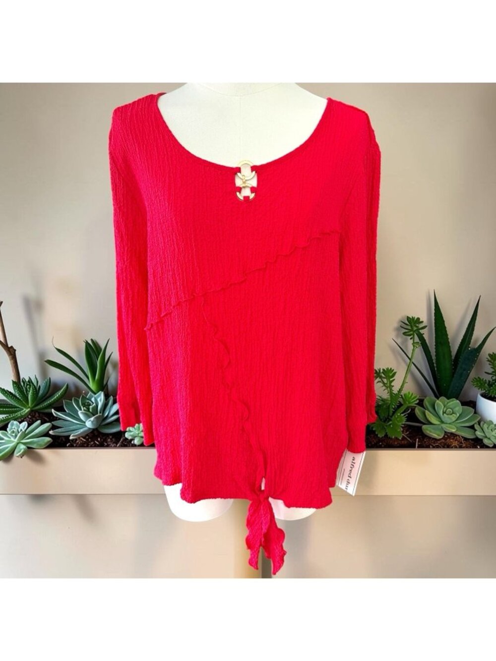 Alfred Dunner Red Crinkle Texture 3/4 Sleeve Top-Size XL-NWT